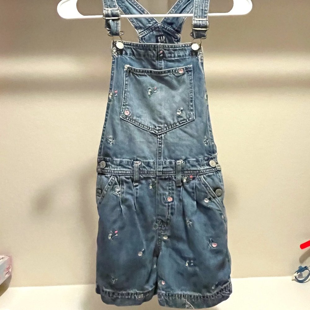 Girls Short Denim Overalls with Embroidered Flowers, Gap